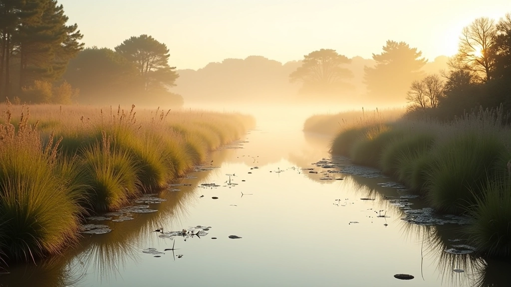 Serene lagoon water with marsh grasses along shoreline, late afternoon golden light reflecting on calm water surface