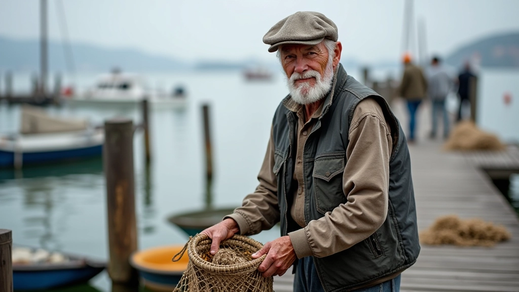 Elderly fisherman working with traditional nets on wooden dock, hands skilled from decades of experience, natural daylight