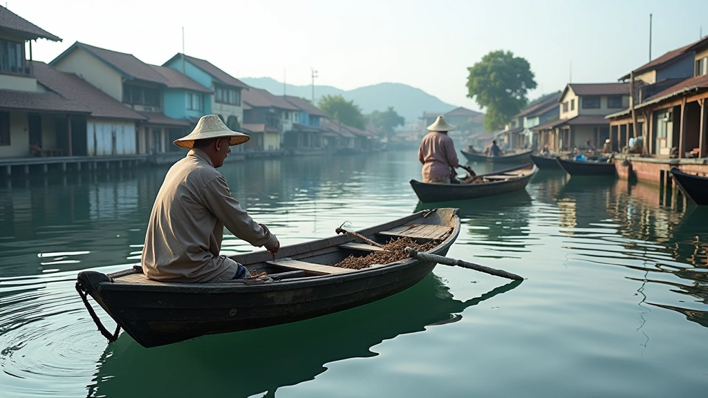 Traditional fishing boats and village reflection on lagoon waters