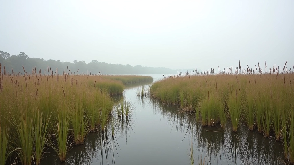 Wide view of wetland marsh with tall reeds, shallow water, distant tree line, overcast sky creating soft natural lighting, peaceful landscape