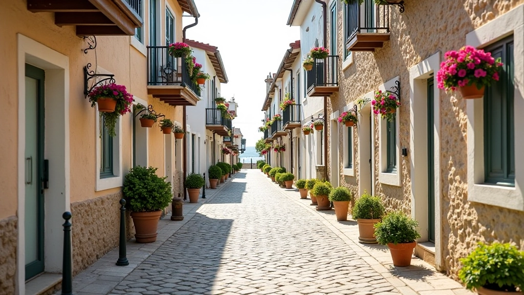 Narrow cobblestone street lined with historic stone buildings, white window frames, hanging flower baskets, morning shadows across the lane, peaceful empty street