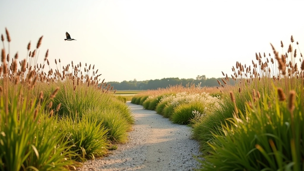 Gravel path winding through natural wetland area with tall reeds, wildflowers blooming, bird silhouettes flying overhead, soft evening light