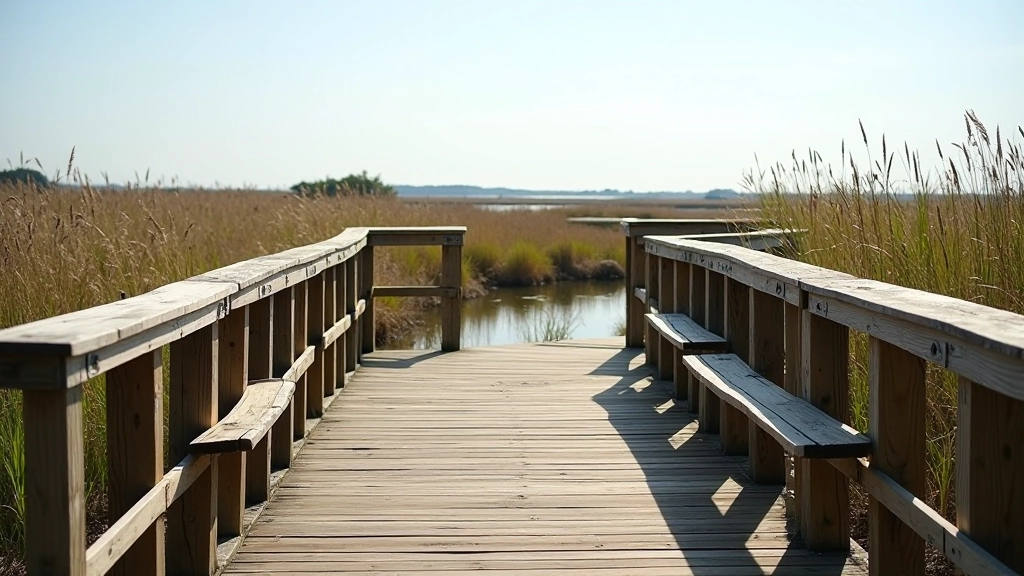 Wooden observation platform elevated above marsh water, sturdy railings, wooden benches, view overlooking reeds and water, afternoon light, clear details