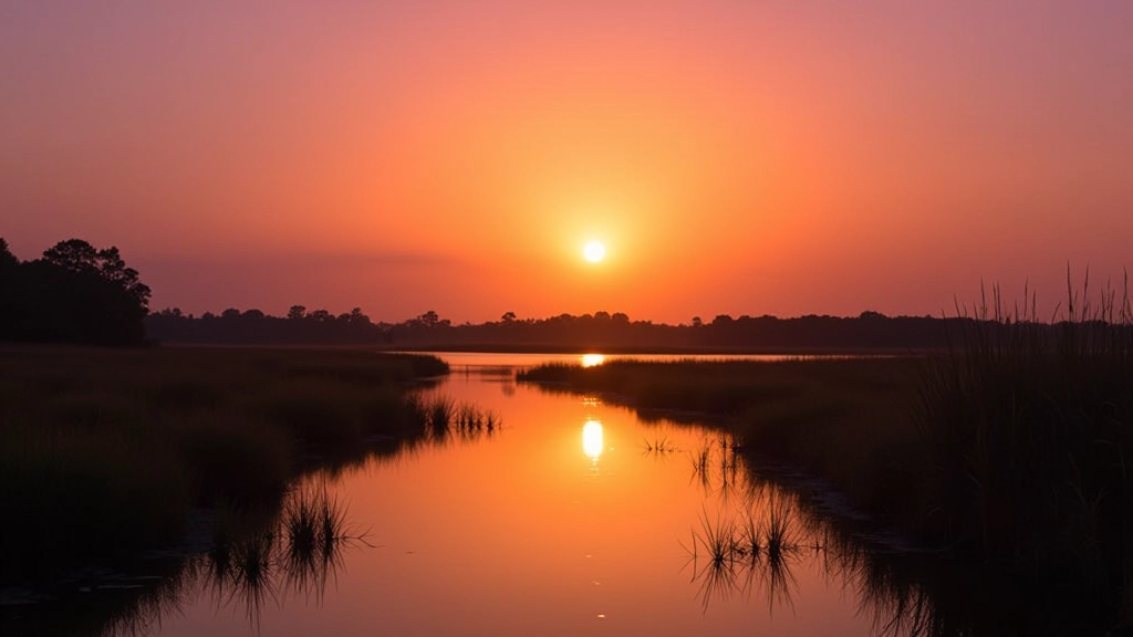 Peaceful sunset view over marsh water, sky turning orange and purple, silhouettes of distant trees and reeds, still water reflecting light