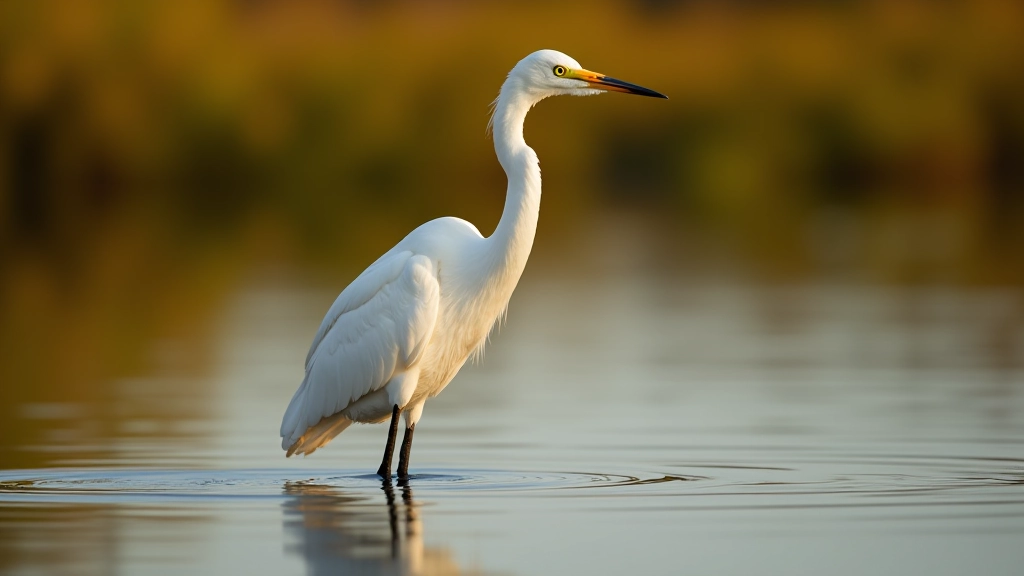 Close-up of white egret standing in shallow water, neck curved, feathers detailed, marsh vegetation blurred background, soft golden hour light