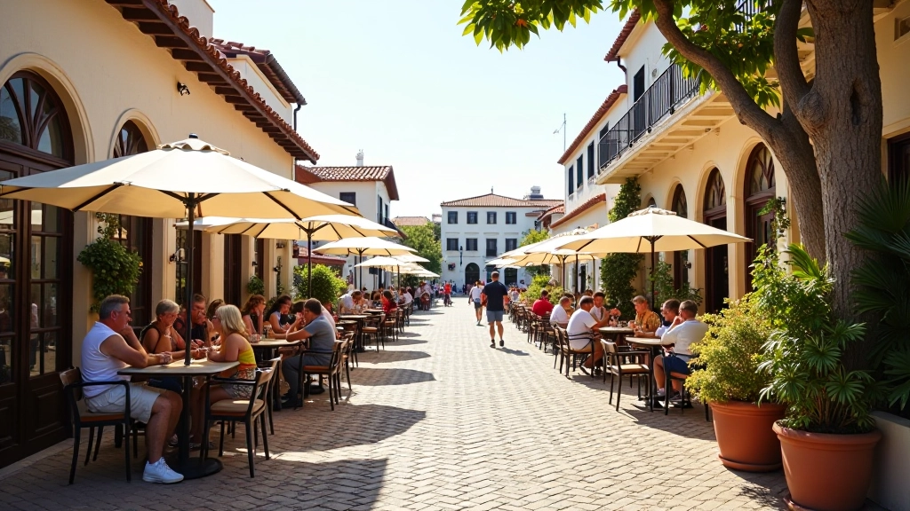 Outdoor café seating with white umbrellas on cobblestone plaza, historic buildings surrounding, customers at small tables, potted plants and flowers, warm afternoon light