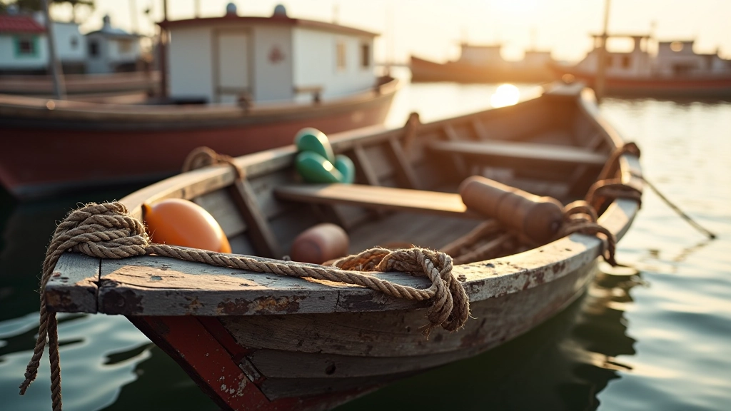 Close-up of weathered fishing boat hull with rope coils and traditional fishing equipment, morning sunlight