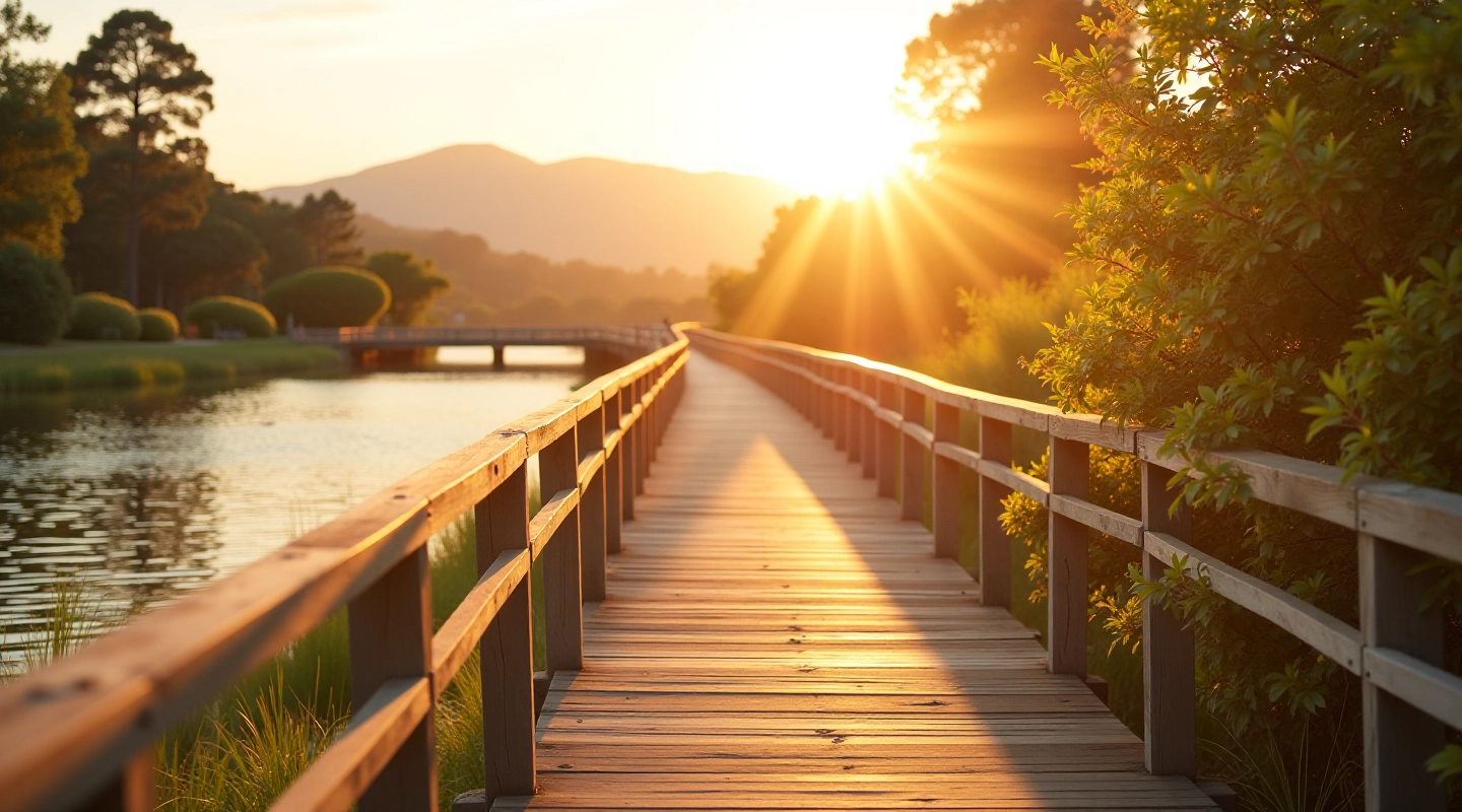 Peaceful lagoon boardwalk at sunset with accessible pathways and water views