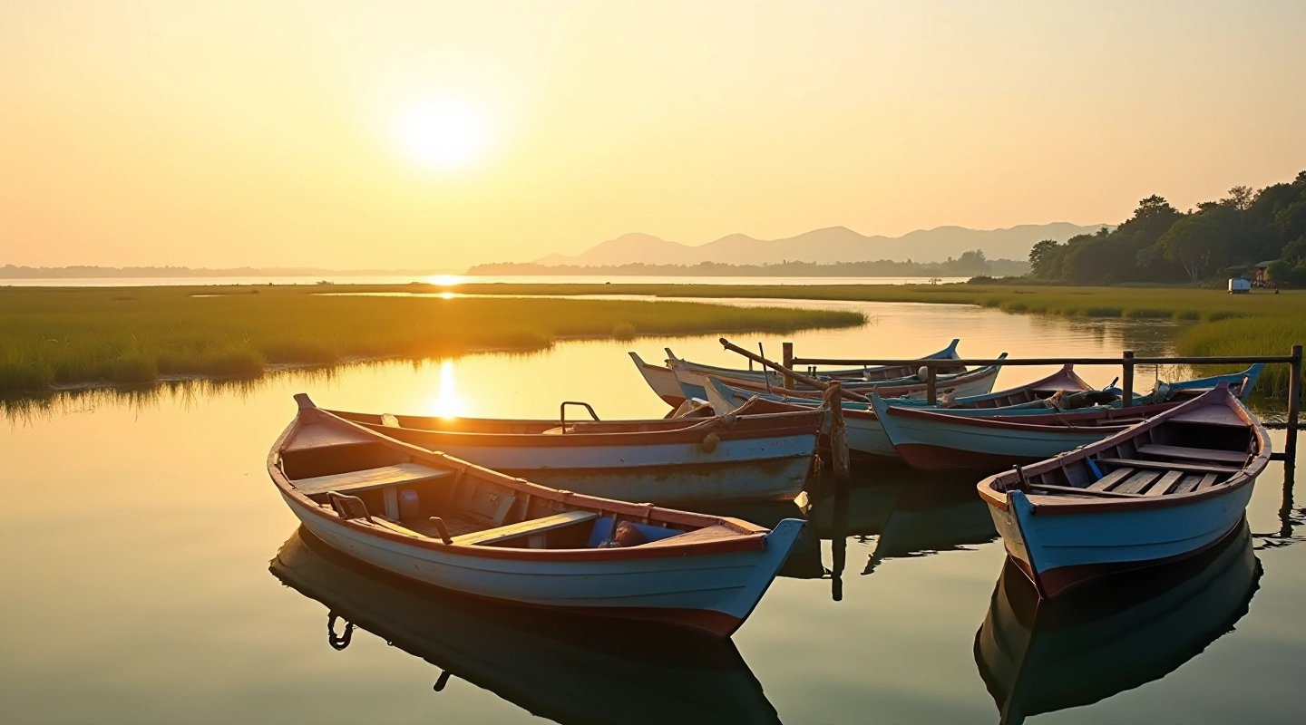 Peaceful lagoon waters at sunset with traditional fishing boats silhouetted against golden light, calm reflections on water surface