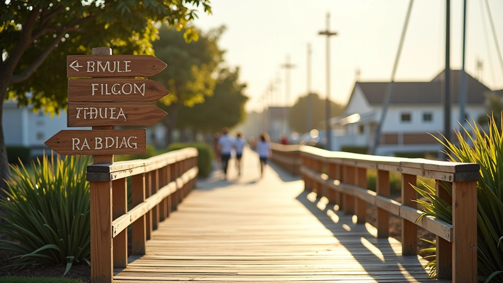 Parking area with wooden signs and pathway entrance to boardwalk, well-maintained asphalt and clear signage visible