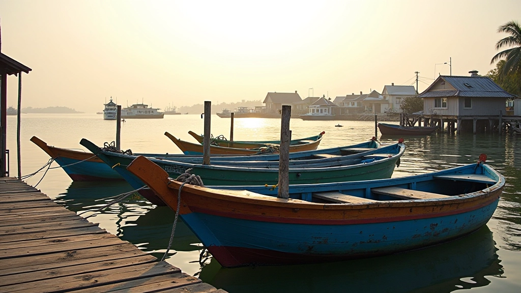 Rustic fishing boats moored at wooden dock with reflections in still water, weathered nets and buoys visible, golden afternoon light