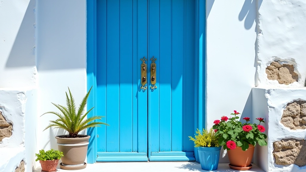Close-up of traditional wooden cottage door painted deep blue, ornate brass door handle, whitewashed stone walls on either side, flower pots on doorstep, bright daylight