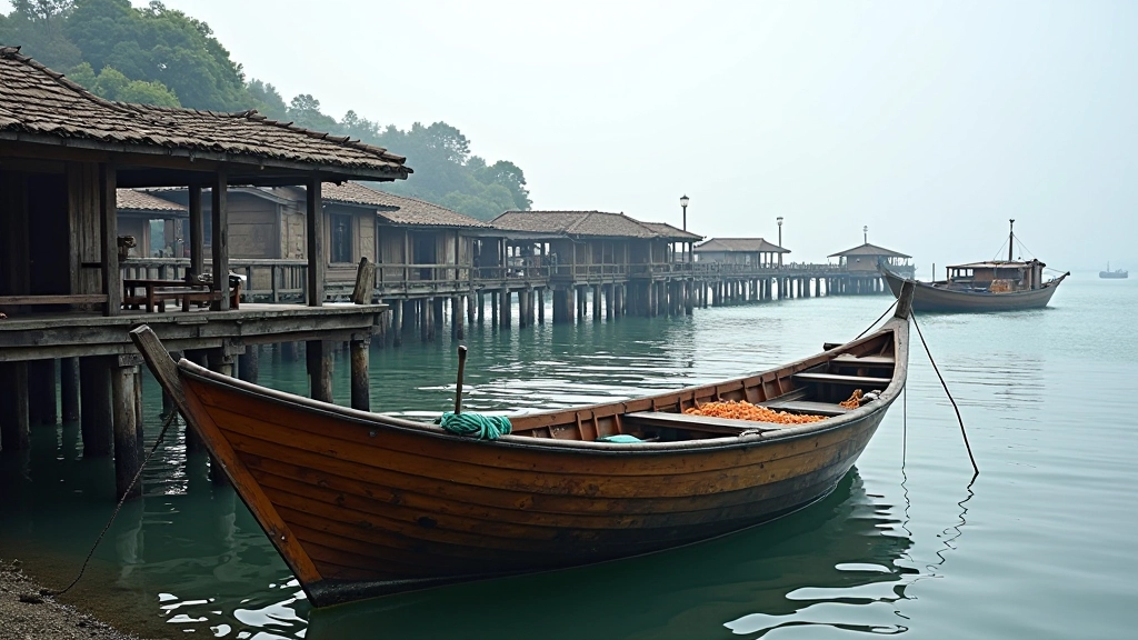 Traditional fishing boat at wooden pier with nets