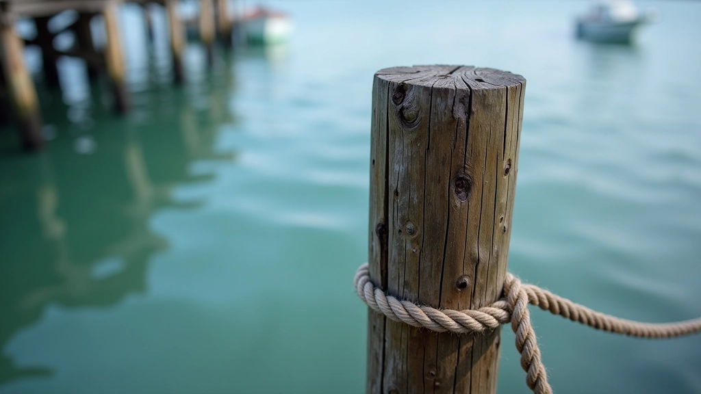 Weathered wooden dock post with rope and water reflections, texture detail