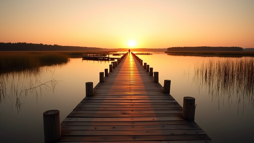 Lagoon boardwalk at golden hour with calm water reflections