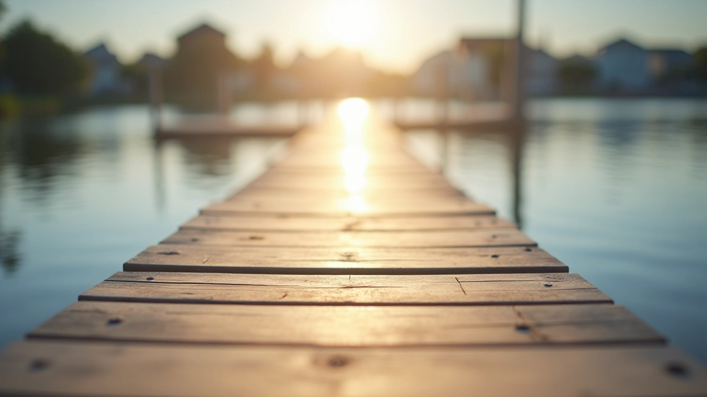 Close-up view of wooden boardwalk planks with gentle water ripples visible below, natural wood grain texture