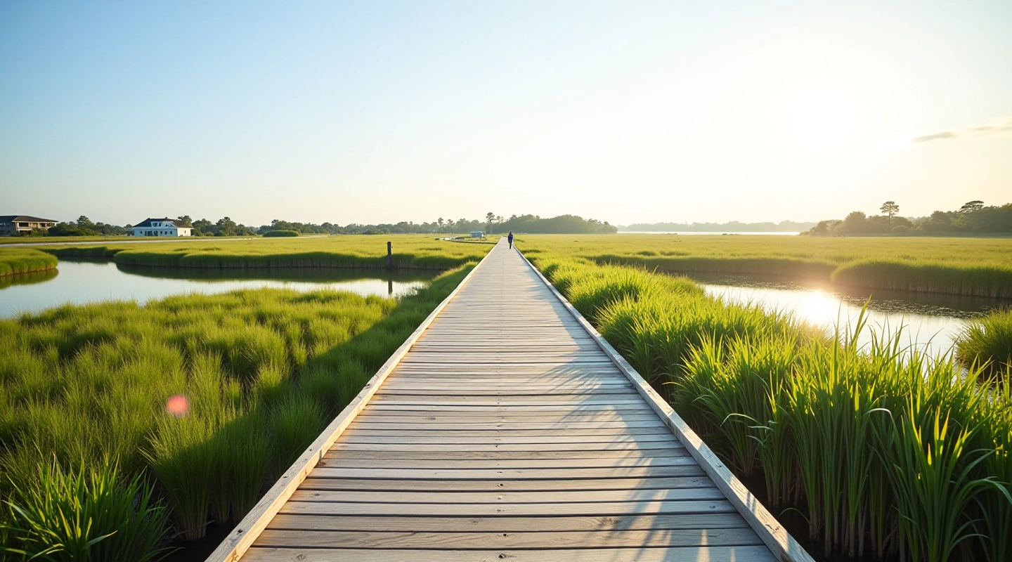 Wooden boardwalk stretching along calm lagoon waters with green marsh vegetation on both sides, morning sunlight reflecting on water