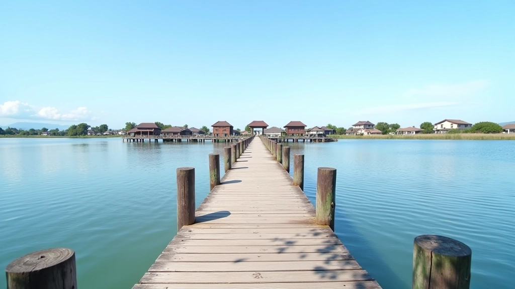 Peaceful wooden pier extending into calm lagoon water with fishing village buildings in background, blue sky, serene atmosphere
